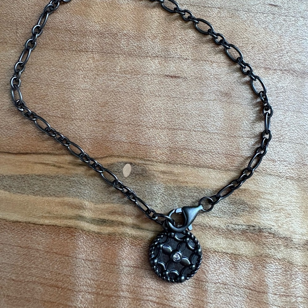 Freida Rothman Black Rhodium over Sterling Silver Chain Bracelet FR Logo Pendant